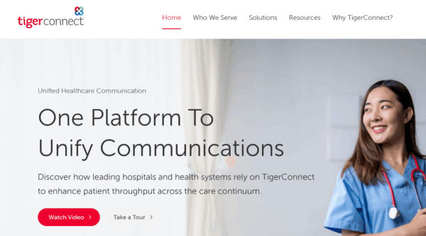 TigerConnect's HIPAA compliant messaging app home page that reads: Unified healthcare communication. One platform to unify communications. Discover how leading hospitals and health system rely on TigerConnnect to enhance patient throughput across the care continuum.