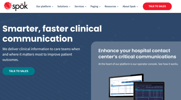 Spok's HIPAA compliant messaging app home page that reads: Smarter, faster clinical communication. We deliver clinical information to care teams when and where it matters most to improve patient outcomes. Enhance your hospital contact center's critical communications.