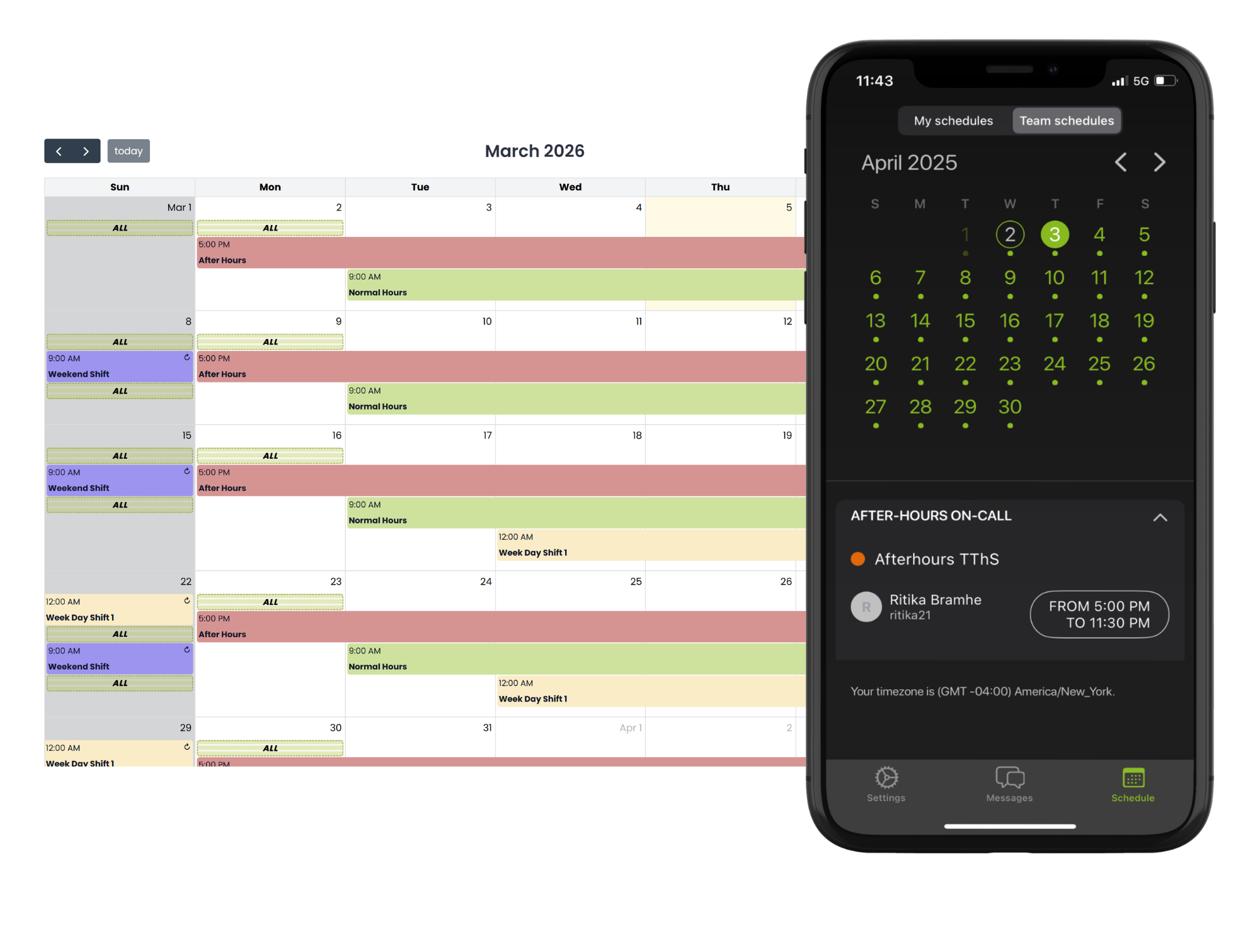 on call schedule shown in calendar view on the laptop and phone app