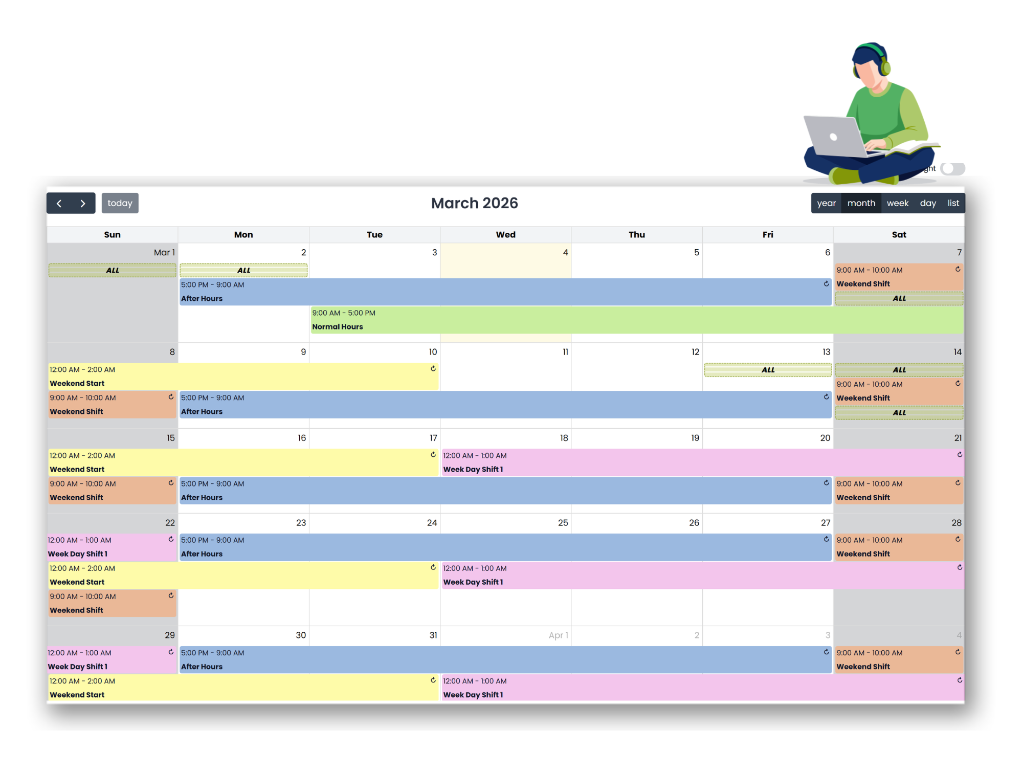 On-call schedule, showing different employees' on-call schedule