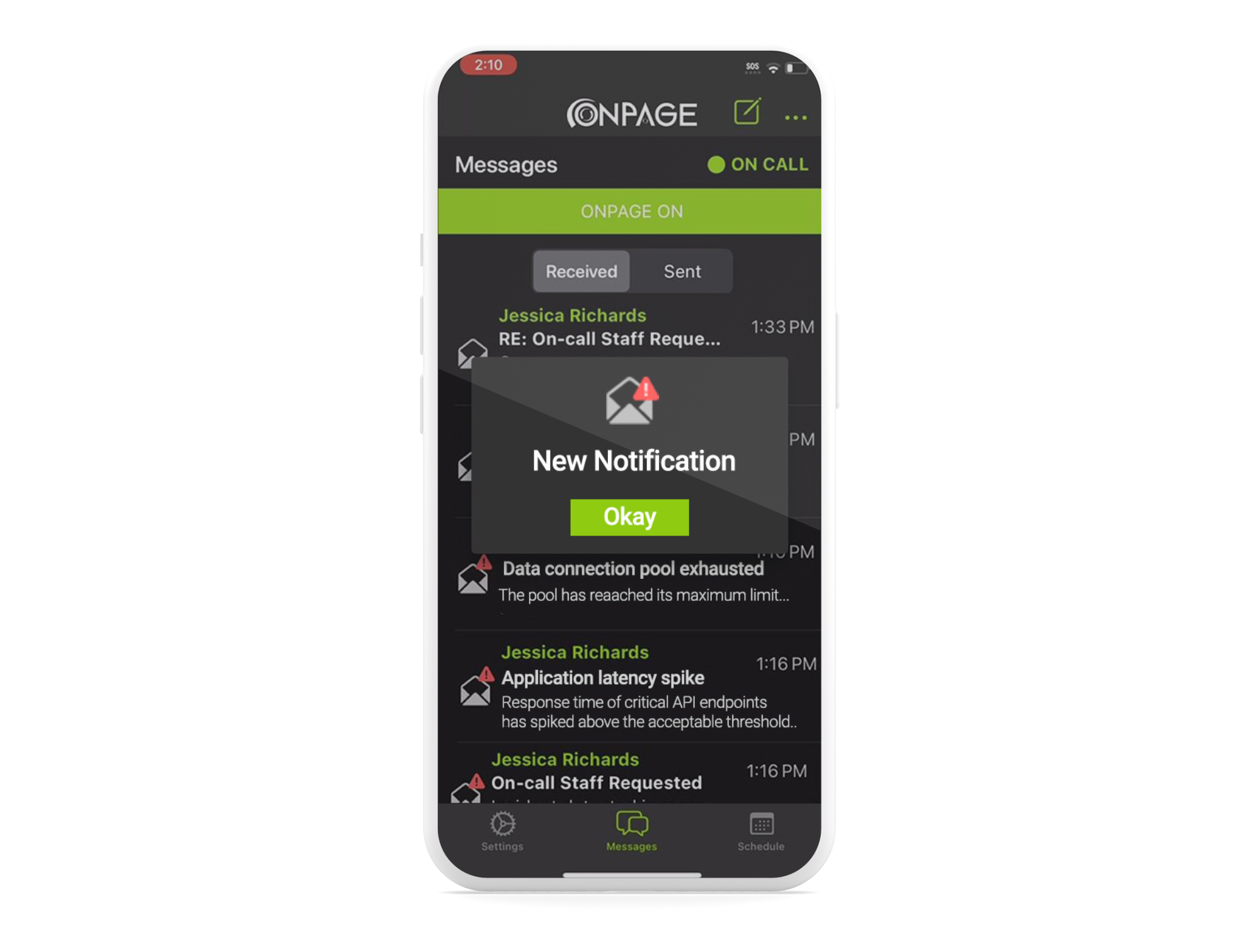 onpage on-call Phone Notification display