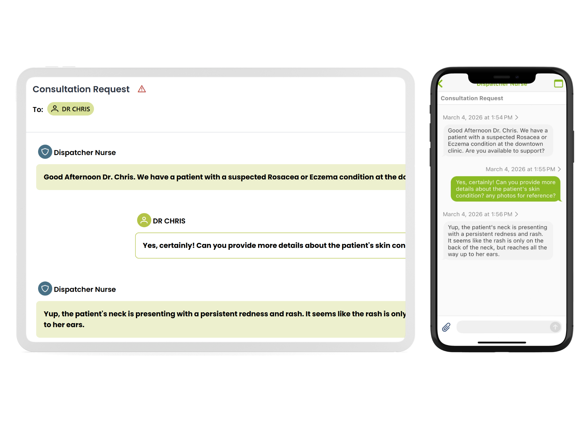 sample text display of a consultation request from a dispatcher nurse to a doctor on a Hippa compliant messaging app.