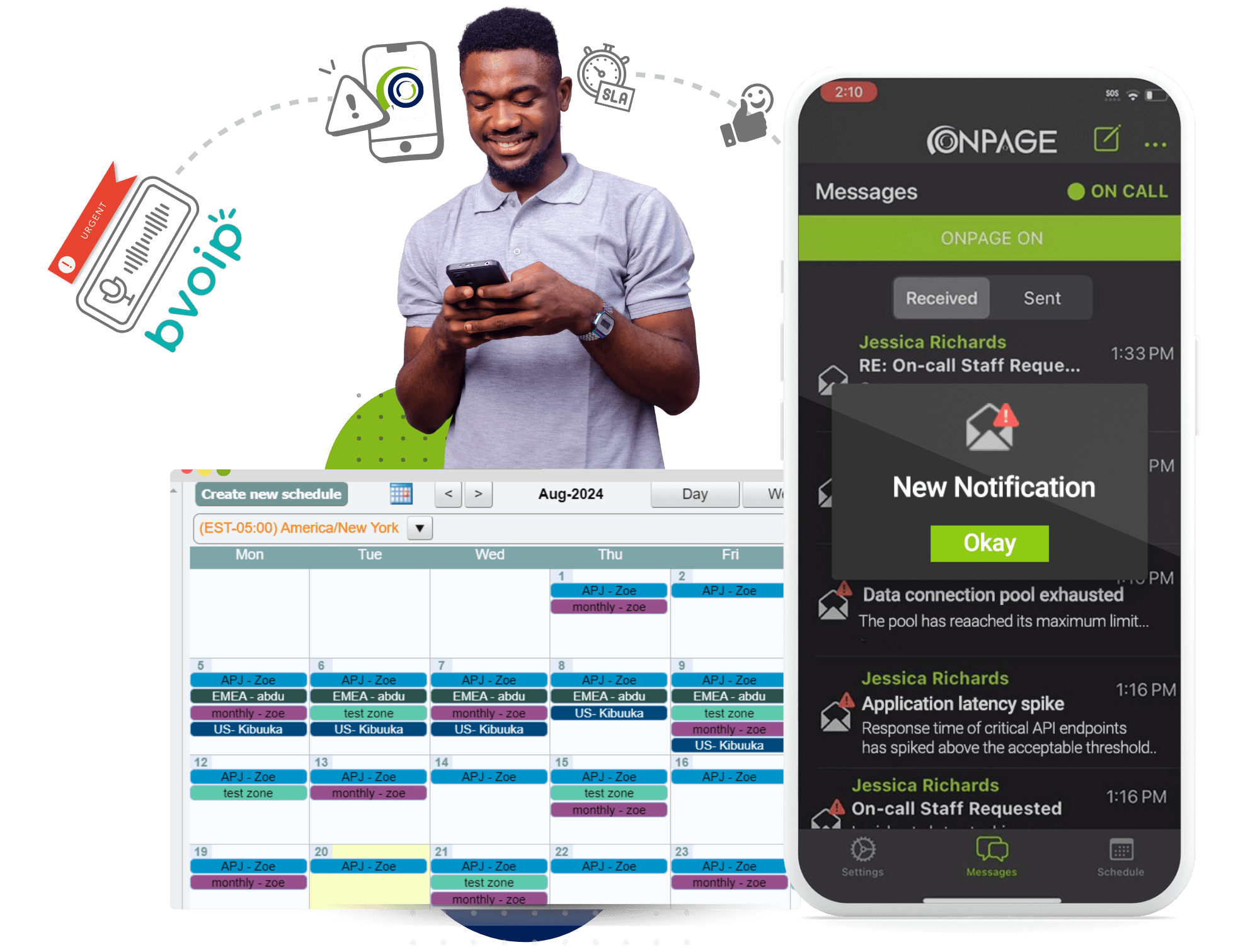 Illustration depictiving BVOip and OnPage integration. A tech MSP receives an after-hours urgent voicemai l from his customer, he gets alerted via OnPage and is able to immediately remediate their issue.