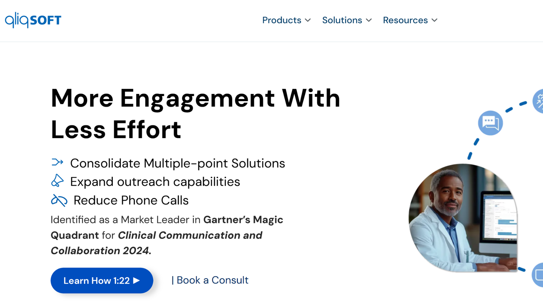 Qliqsoft's HIPAA compliant messaging app home page that reads: More engagement with less effort. Consolidate multiple-point solutions. Expand outreach capabilities. Reduce phone calls.
