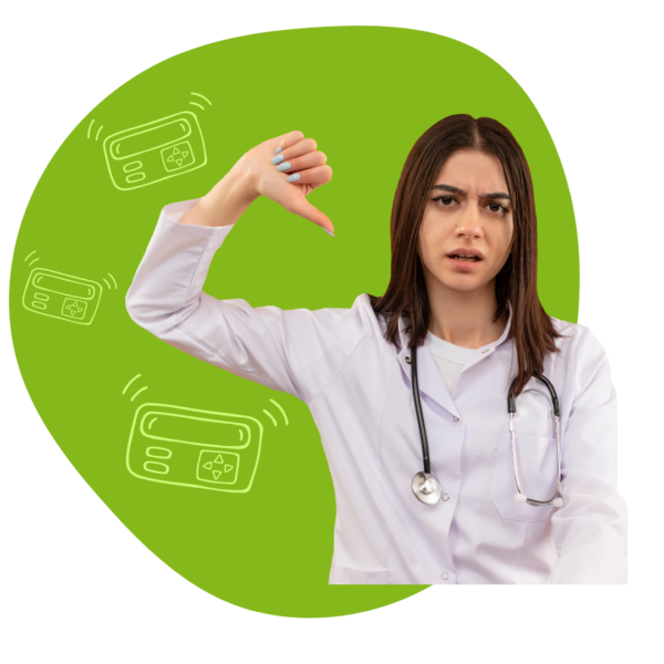 Doctor doing thumbs down to outdated pager technologies