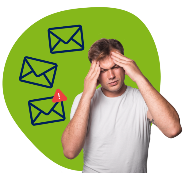 Image of stressed IT engineer with too many emails, understanding that email is insufficient for incident alerting