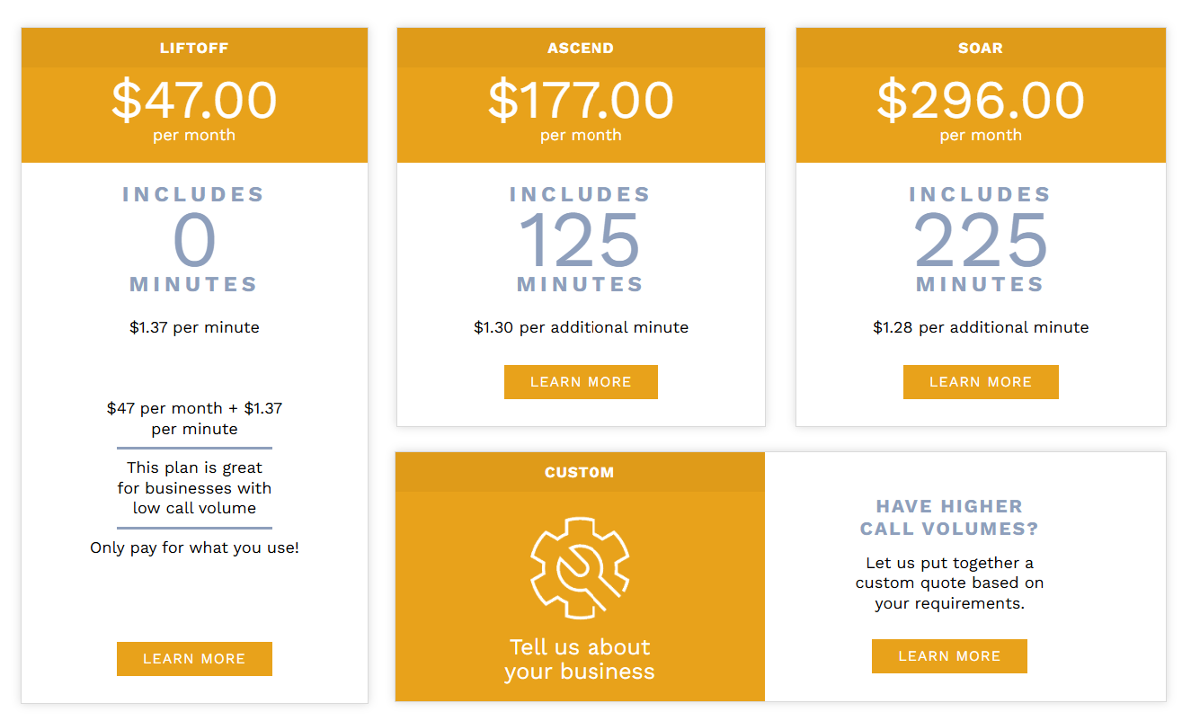 Clementine pricing with options including Liftoff for $47 per month + $1.37 per minute. Ascend for $177 per month with 125 minutes + $1.30 per additional minute. Soar for $296 with 225 minutes + $1.28 per additional minute.