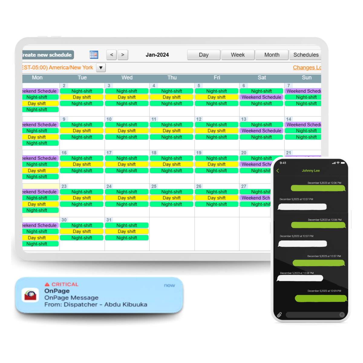 OnPage's on call management system showing digital on-call schedule on the enterprise management console, OnPage app with role-based messaging capabilities and OnPage high priority alert