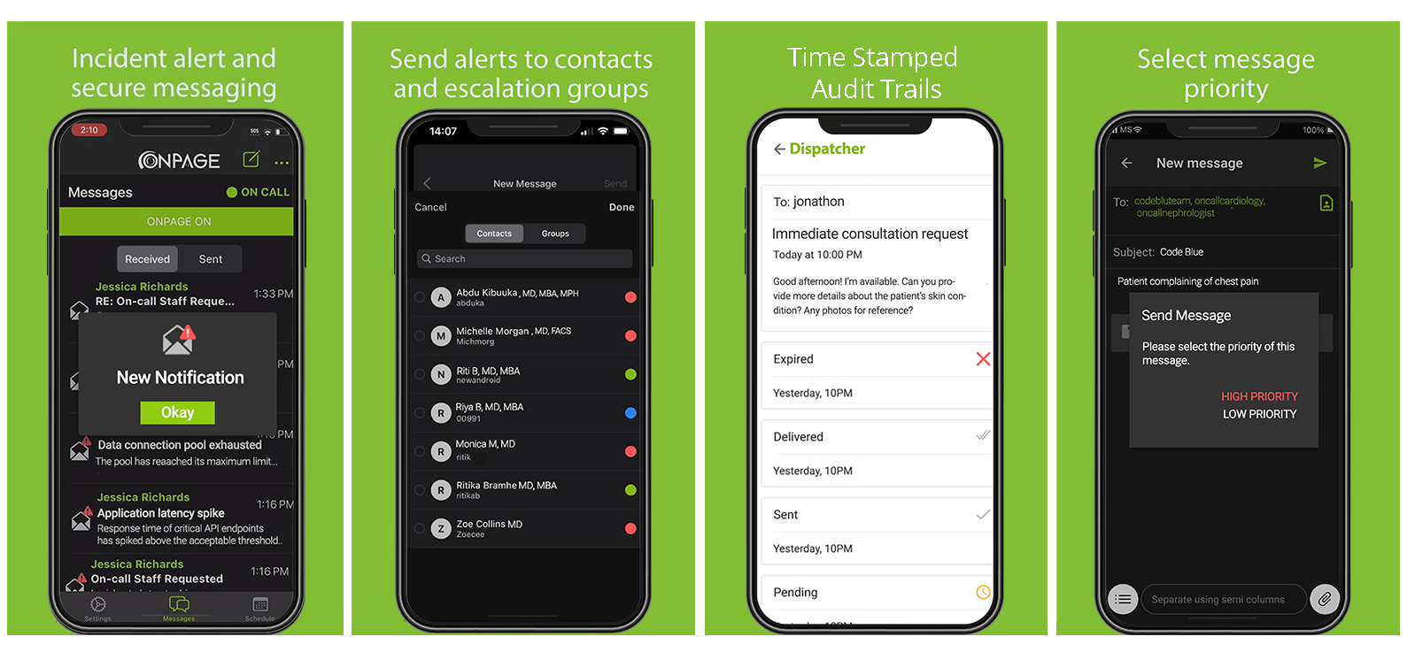 Infographic showing OnPage phone app features including: Incident alert and secure messaging, send alerts to contacts and escalation groups, time stamped audit trails, and select message priority.