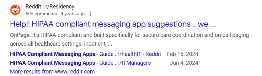 Screenshot of a Reddit search result where a user asks for HIPAA-compliant messaging app suggestions, with OnPage shown in the snippet as a HIPAA-compliant solution for secure care coordination and on-call paging.