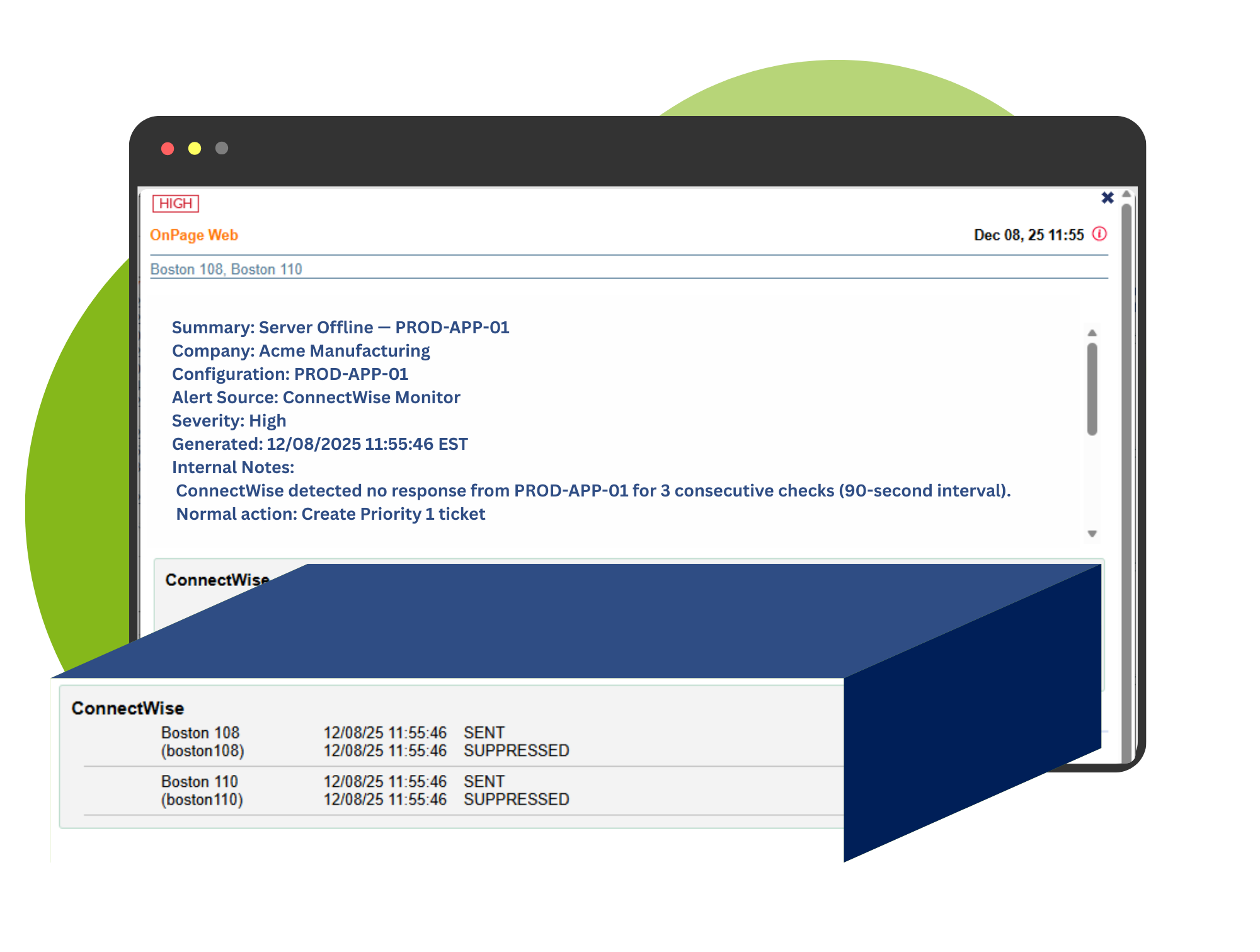 OnPage interface displaying a ConnectWise high-severity server offline alert with detailed ticket-style notes, alongside a log showing the alert status marked as ‘SUPPRESSED’ through OnPage’s Alert Suppression feature
