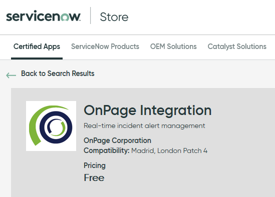 OnPage Integration app on ServiceNow store