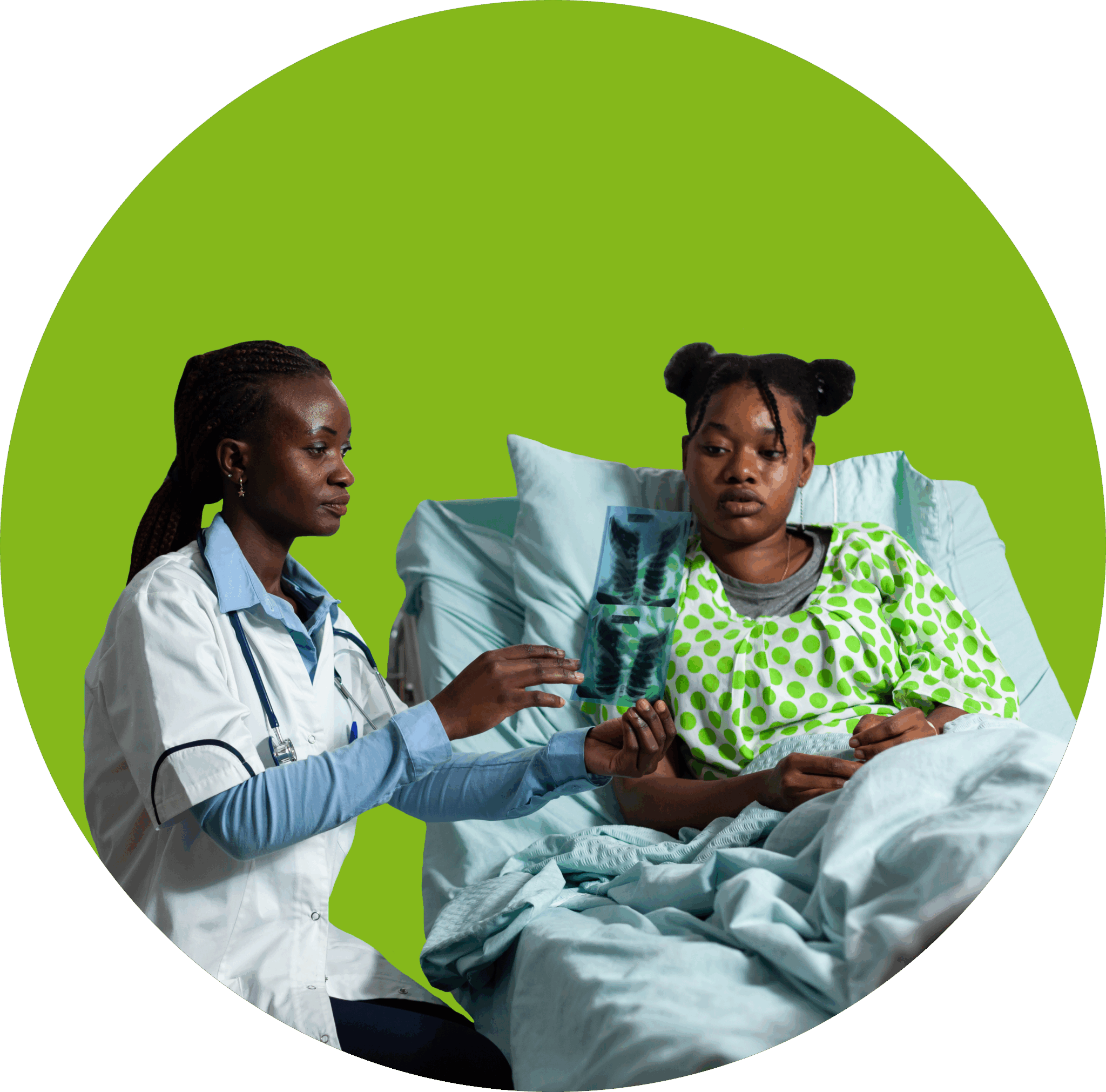 care provider and patient discussing critical results in an inpatient facility