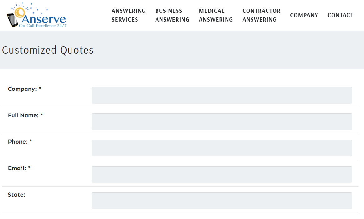 Anserve contact page for customized pricing quotes