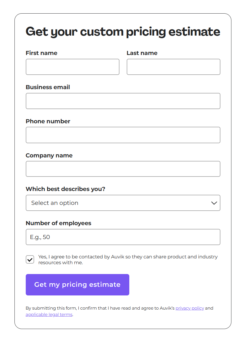 Screenshot of Auvik's custom pricing estimate form.
