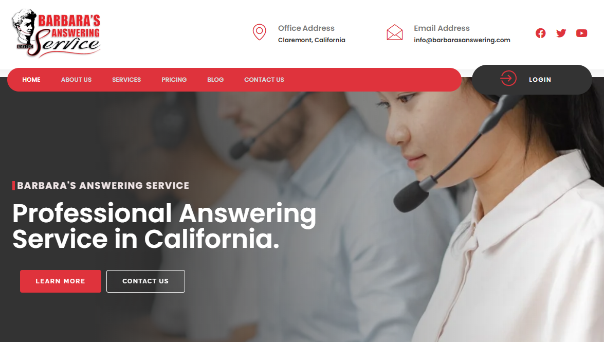 Barbara's Answering Service Home page that reads: Barbara's answering service. Professional answering service in California.