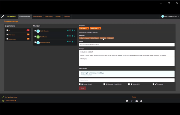Screenshot of OnPage BlastIT mass notification solution.