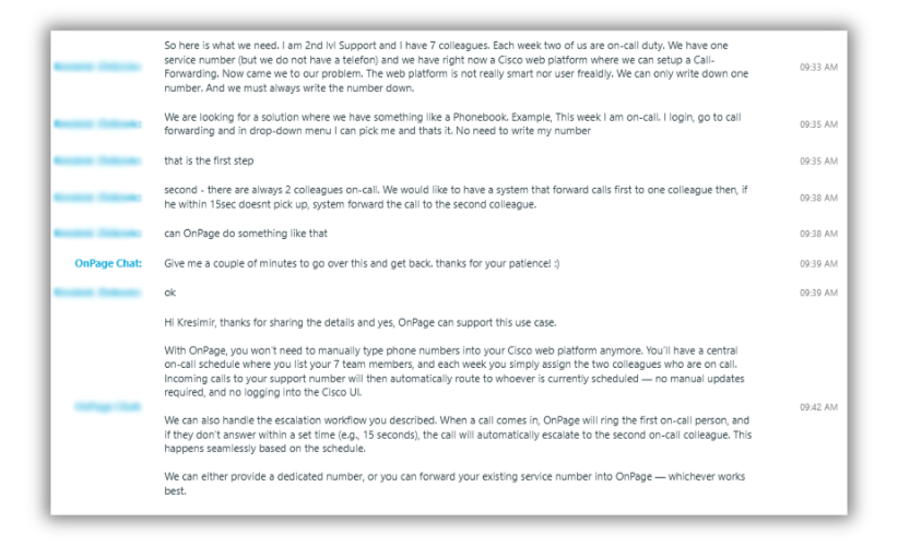 Screenshot of a chat transcript between a Level 2 support engineer and an OnPage representative. The engineer explains challenges with manual Cisco call forwarding, weekly on-call rotations, and needing automatic escalation from one colleague to another. The OnPage rep confirms that schedule-based call routing and escalation can be handled by OnPage.