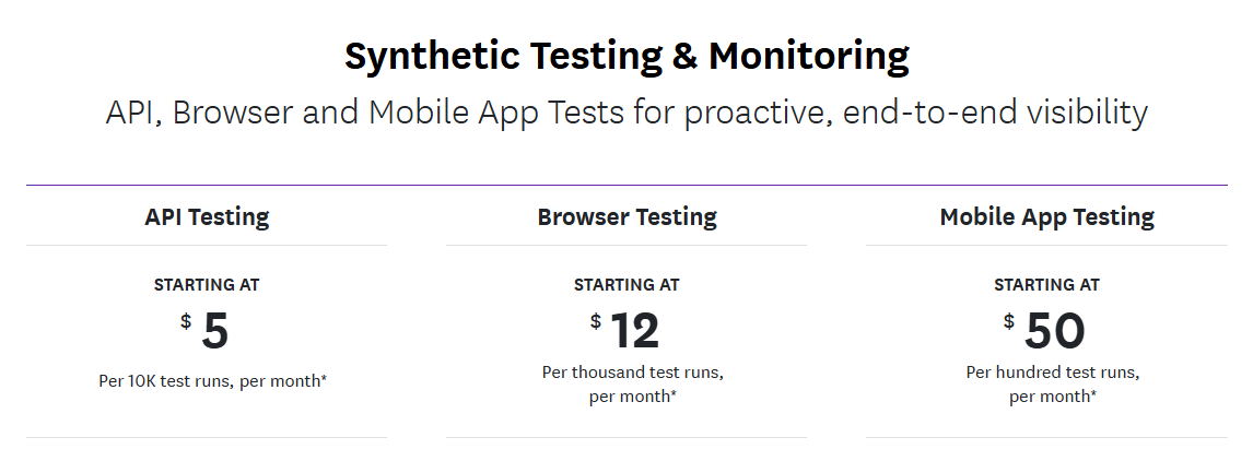 Datadog Synthetic Testing and Monitoring Pricing. API, browser, and mobile app tests for proactive, end-to-end visibility. API Testing starting at $5 per 10k test runs, per month. Browser Testing starting at $12 per thousand test runs per month. Mobile App Testing starting at $50 per hundred test runs, per month.