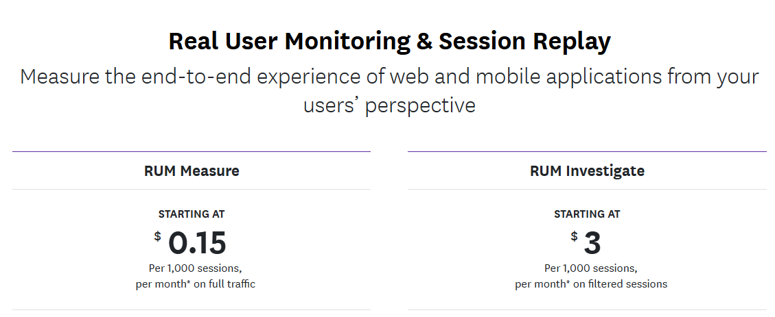 Datadog Real User Monitoring and Session Replay Pricing. Measure the end-to-end experience of web and mobile applications from your users' perspective. RUM measure starting at $0.15 per 1,000 sessions, per month on full traffic. RUM investigate starting at $3 per 1,000 sessions per month on filtered sessions.