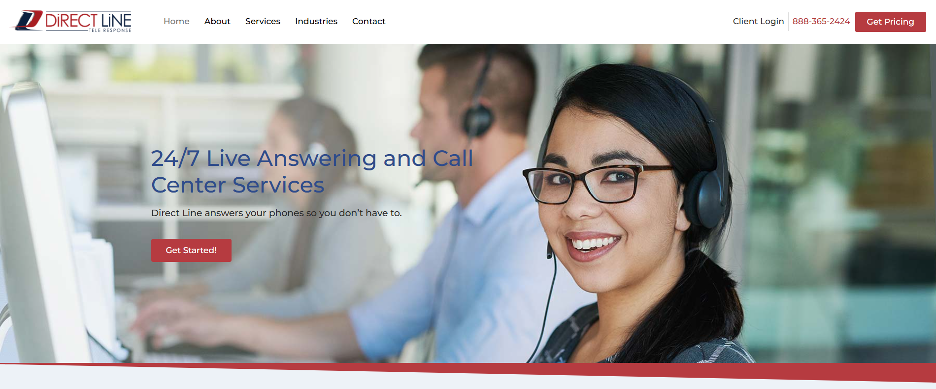 Direct Line Tele Response home page that reads: 24/7 live answering and call center services. Direct line answers your phone so you don't have to.