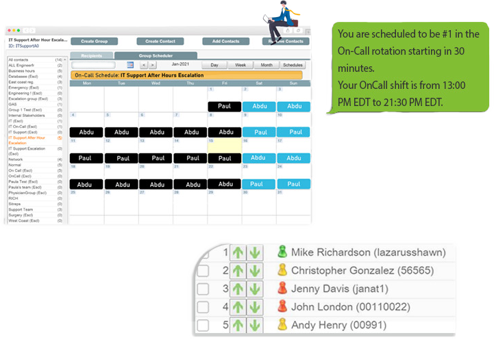 OnPage on-call management with digital schedule, escalation group, and on-call reminder message. 