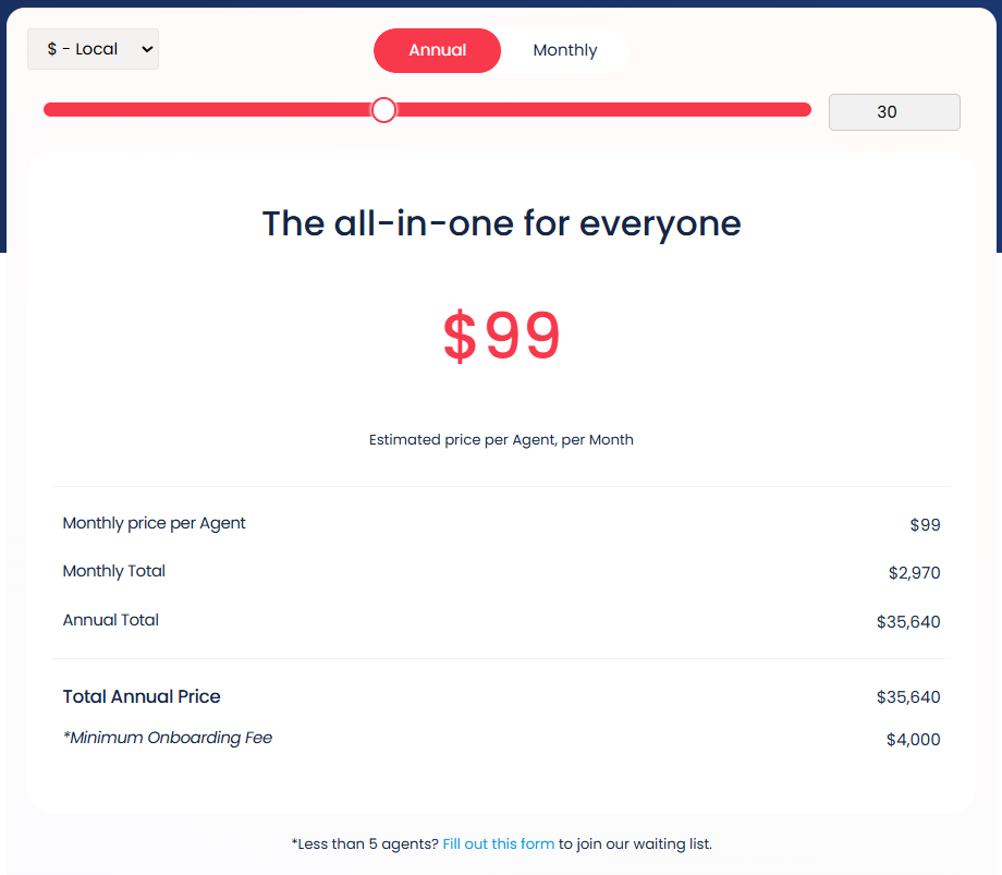 Halo PSA Pricing: Slider scale example with estimate for 30 users. Monthly price per agent $99, Monthly total $2,970, Annual total $35,640. Plus the minimum onboarding fee of $4,000.