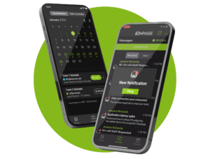 OnPage smartphone pager app showing high priority alert and mobile schedule view.