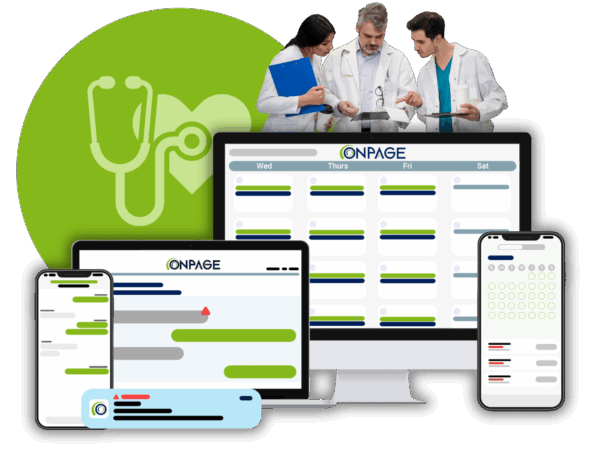 Depiction of clinical communication and collaboration with doctors chatting and using OnPage's full enterprise system via the web-based enterprise management console and the OnPage phone app