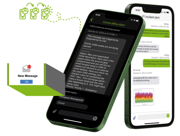 OnPage's phone app illustrating real-life examples of real-time alerting/paging & OnCall for Infrastructure, Database, and Application Failures.