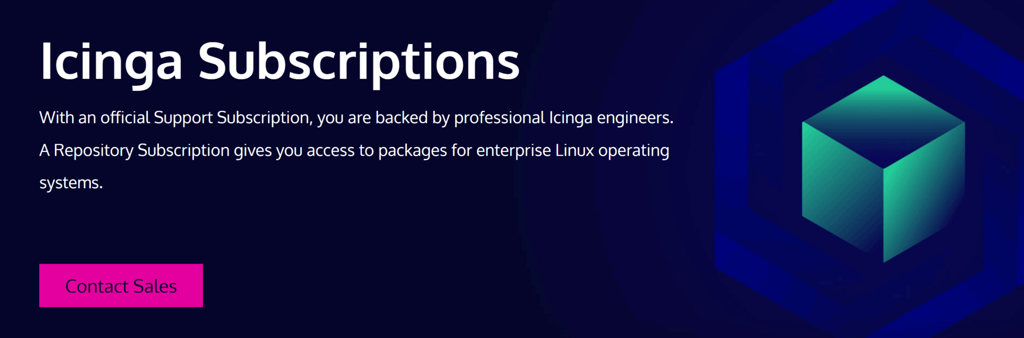 Icinga pricing banner that reads: Icinga Subscriptions - with an official Support Subscription, you are backed by professional Icinga engineers. A Repository Subscription gives you access to packages for enterprise Linux operating systems.