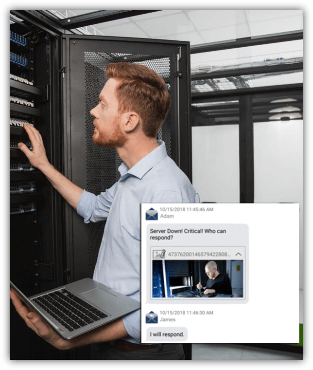 IT operations worker fixing server after receiving an OnPage alert that reads