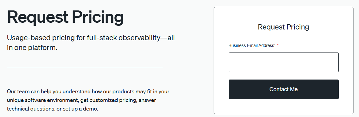 New Relic Pricing Page Screenshot reading: Request pricing. Usage-based pricing for full-stack observability, all in one platform. Our team can help you understand how our products may fit in your unique software environment, get customized pricing, answer technical questions, or set up a demo.
