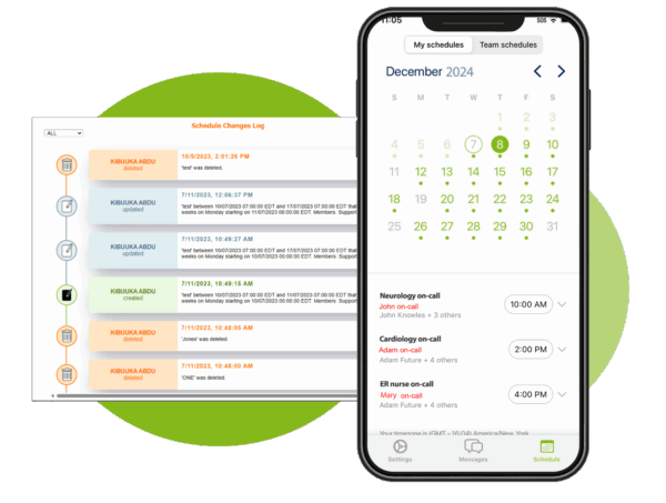OnPage on-call schedule change log showing real-time edits with user names and timestamps, providing complete visibility and accountability for provider schedule updates