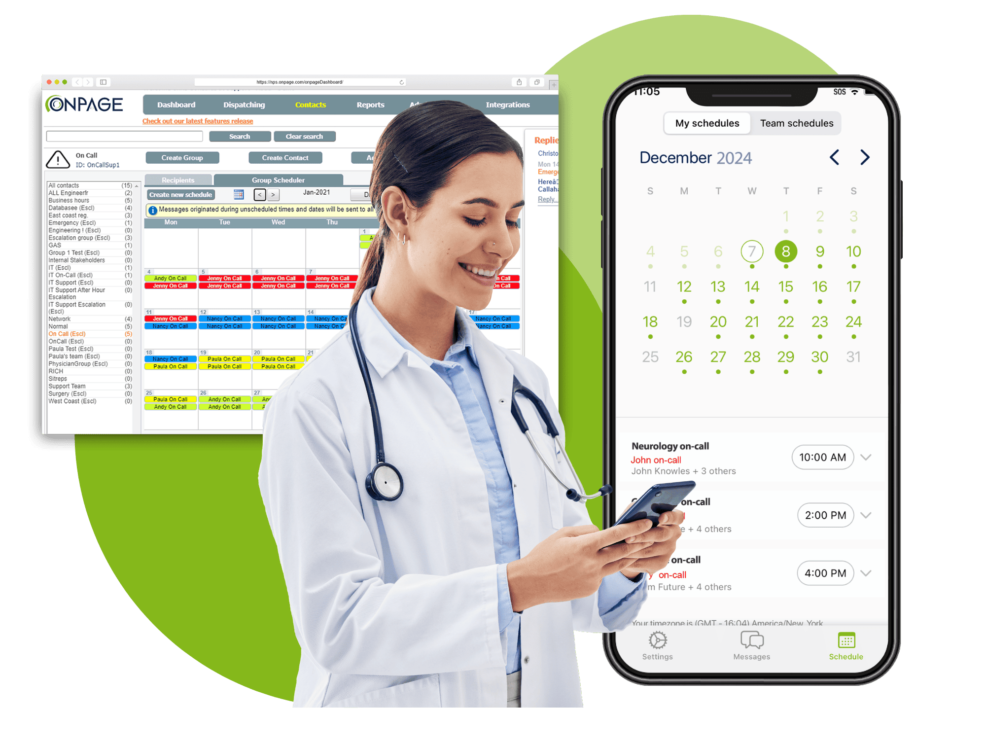 Physician doctor reviewing live on-call schedule with OnPage physician on-call scheduling software on laptop screen and OnPage phone app, showing real-time provider schedule management