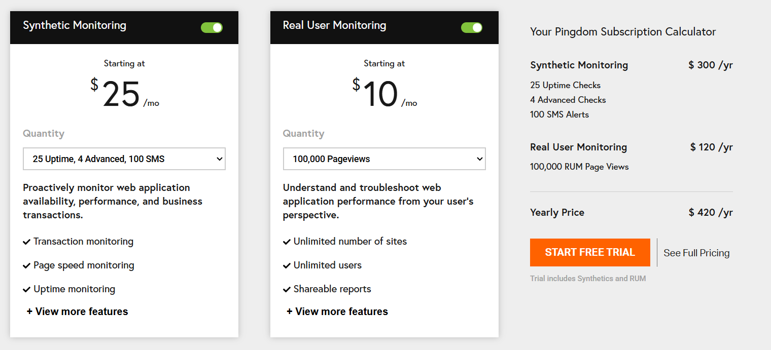 Pingdom Pricing with two types of website monitoring including: Synthetic Monitoring - Starting at $25 per month for 25 uptime, 4 advanced, and 100 SMS. Proactively monitor web application availability, performance, and business transactions. Real User Monitoring -  Starting at $10 per month for 100,000 page views. Understand and troubleshoot web application performance from your user's perspective.