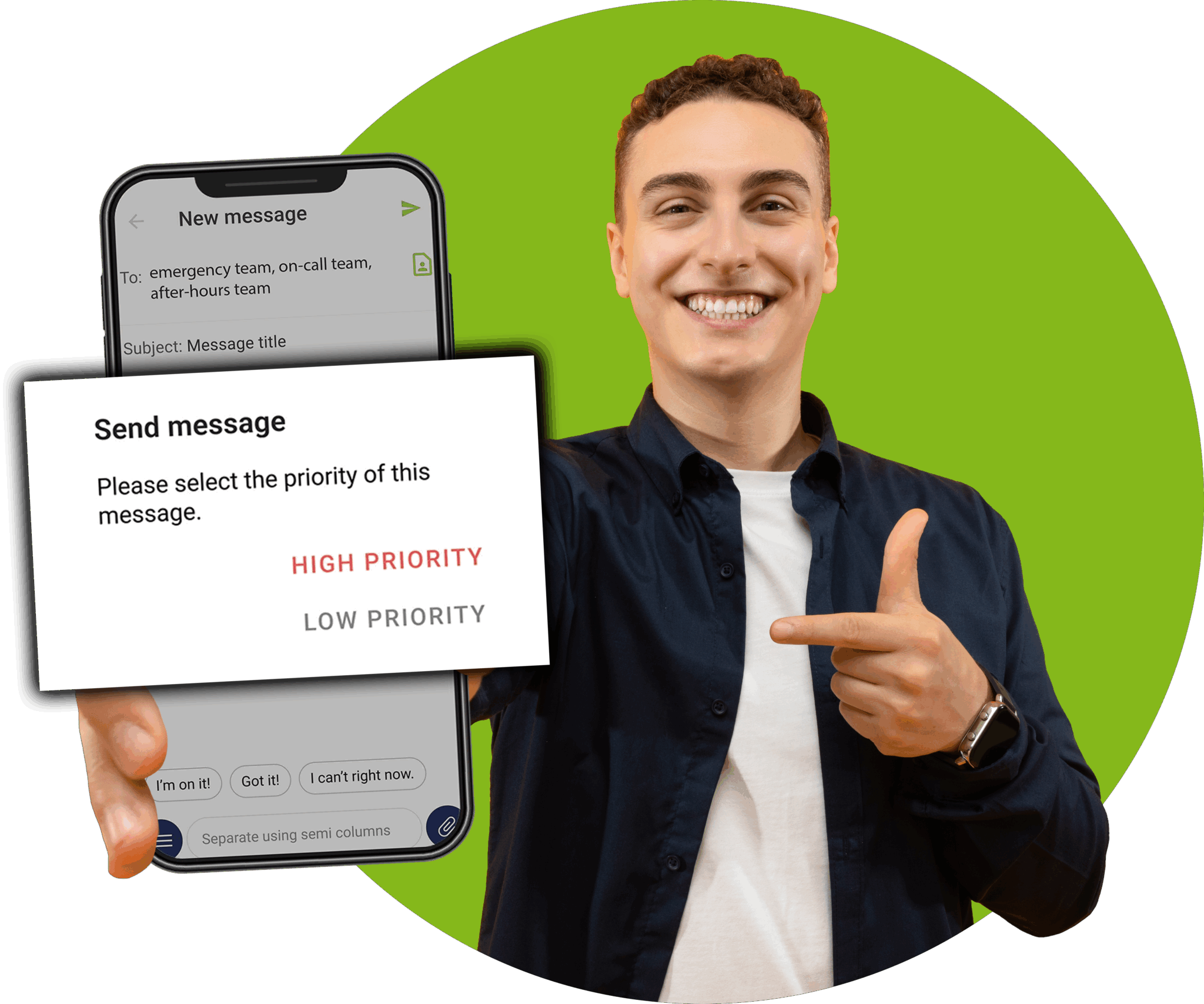 Person using OnPage alert engine to send both high priority and low priority alerts via mobile