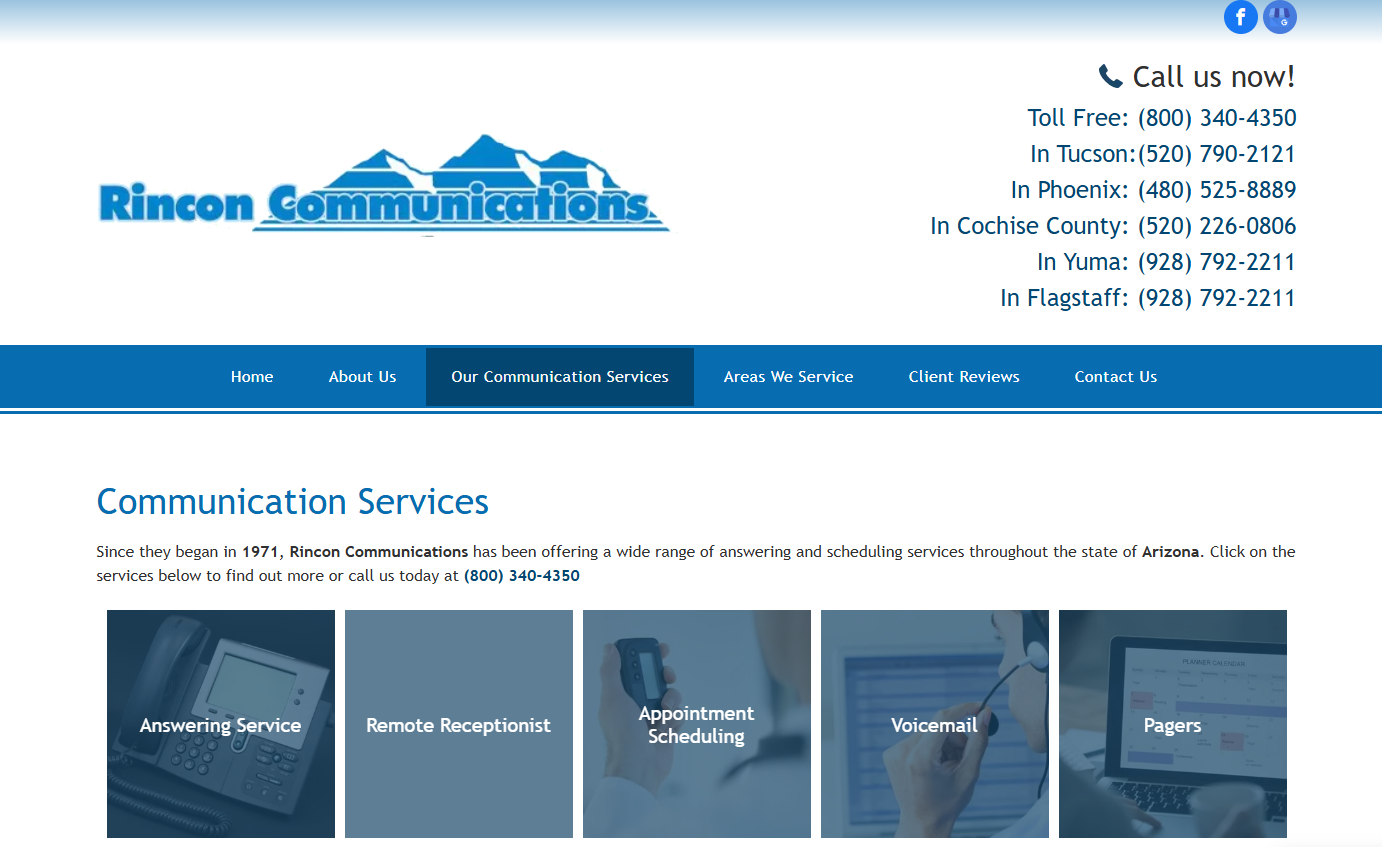 Rincon home page that reads: Communication services. Since they began in 1971, Rincon Communications has been offering a wide range of answering and scheduling services throughout the state of Arizona.