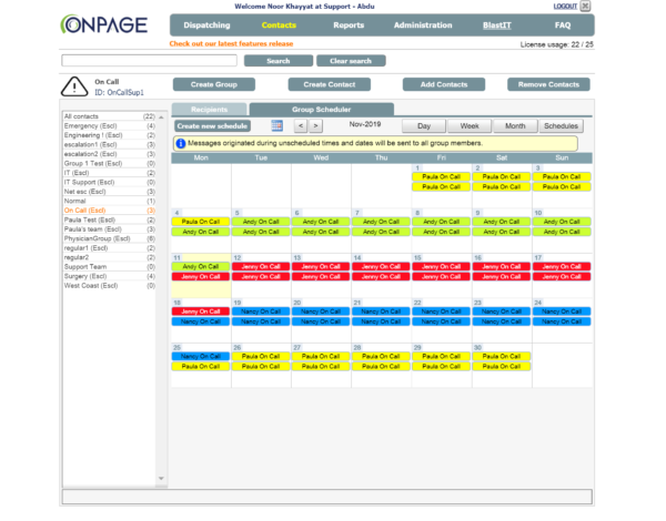 Screenshot of OnPage web app showing the digital fail-safe on-call scheduler.