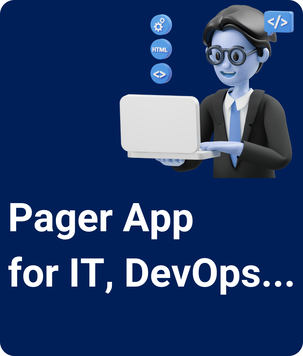 Illustration of an IT professional monitoring systems and receiving a high-priority incident alert on the smartphone pager app.