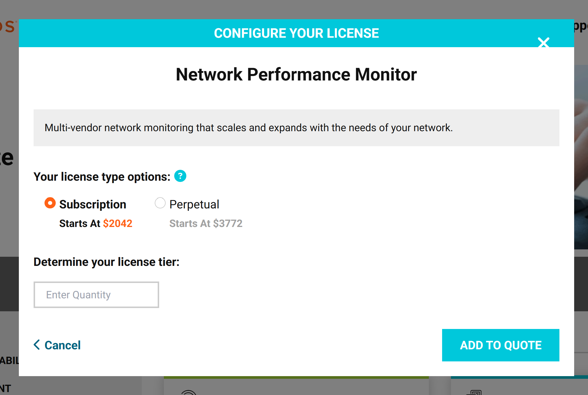 SolarWinds Network Performance Monitor Pricing Page - Multi-vendor network monitoring that scales and expands with the needs of your network. License type options include Subscription that starts at $2042 and Perpetual that starts at $3772.