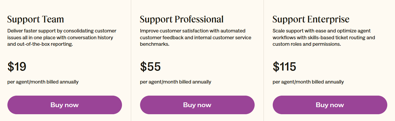 Zendesk Pricing listing: Support Team - Deliver faster support by consolidating customer issues all in one place with conversation history and out-of-the-box reporting. Priced at $19 per agent/month. Support Professional - Improve customer satisfaction with automated customer feedback and internal customer service benchmarks. Priced at $55 per agent/month. Support Enterprise - Scale support with ease and optimize agent workflows with skills-based ticket routing and custom roles and permissions. Priced at $115 per agent/month.